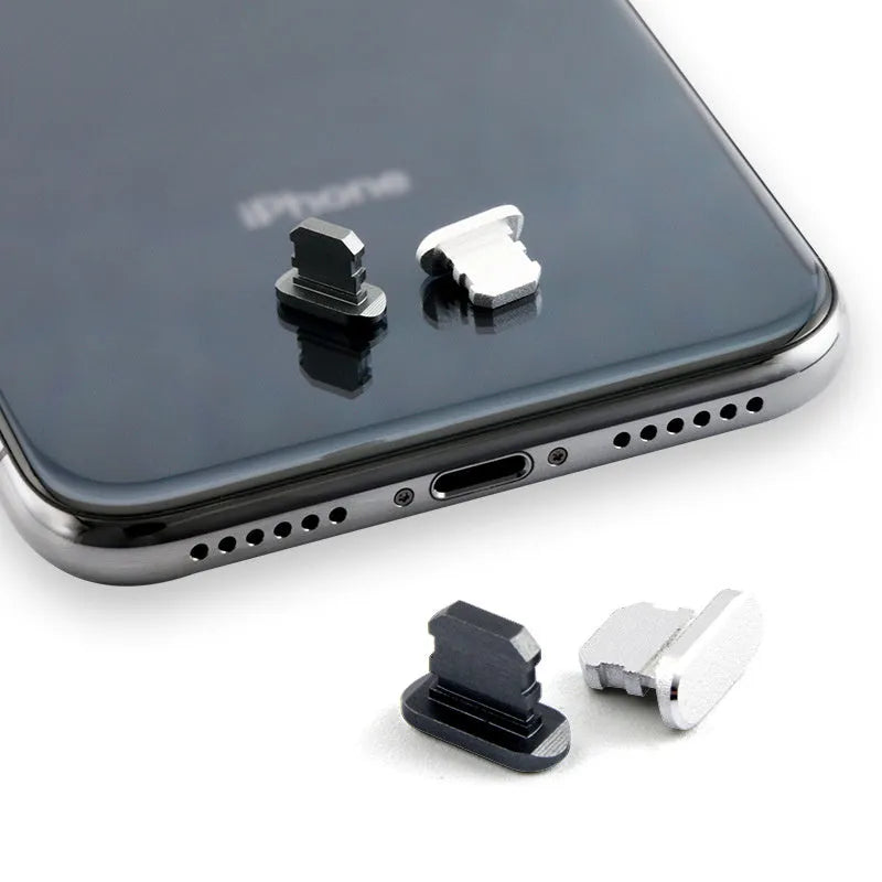 Aluminium alloy iPhone charging port dust plug shown in various colours including gold, silver, blue, and rose gold.