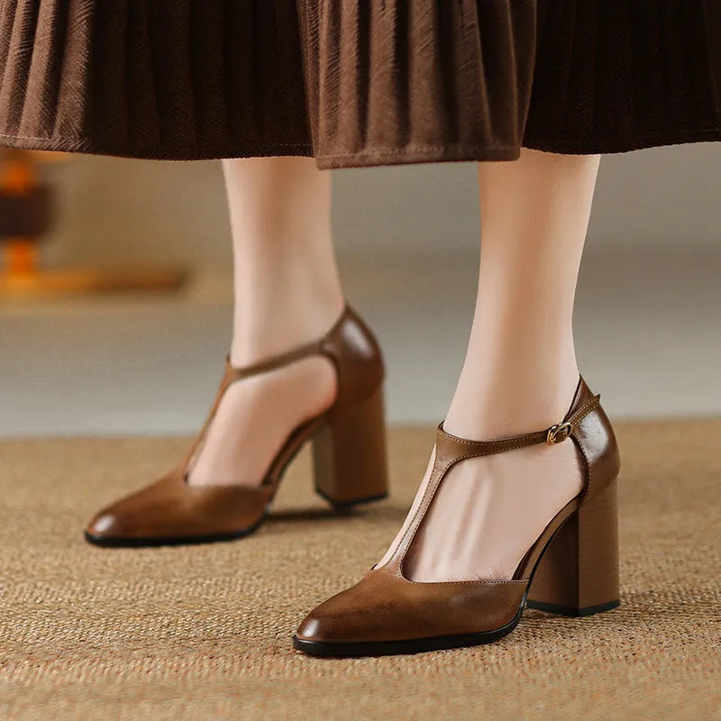 Women's retro pointed-toe Mary Jane shoes with buckle in pink or dark brown cowhide