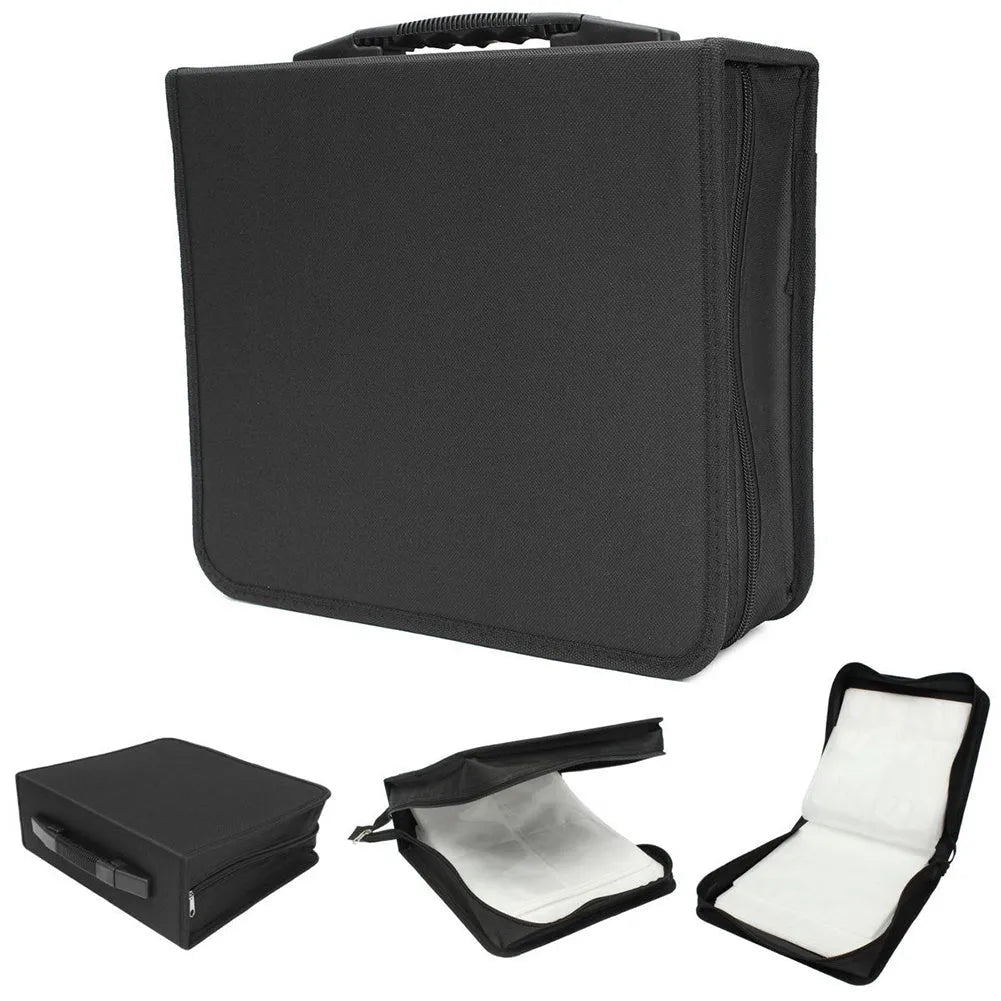 Black Oxford fabric CD DVD storage organiser bag with zipper closure and top hand strap.