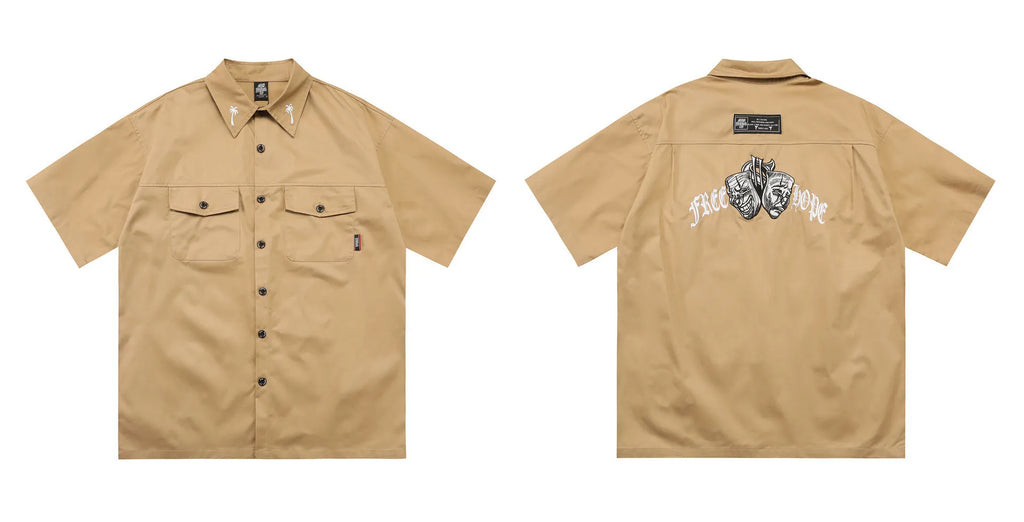 Men's plus size loose fit cotton blend work shirt with embroidered design and half sleeves