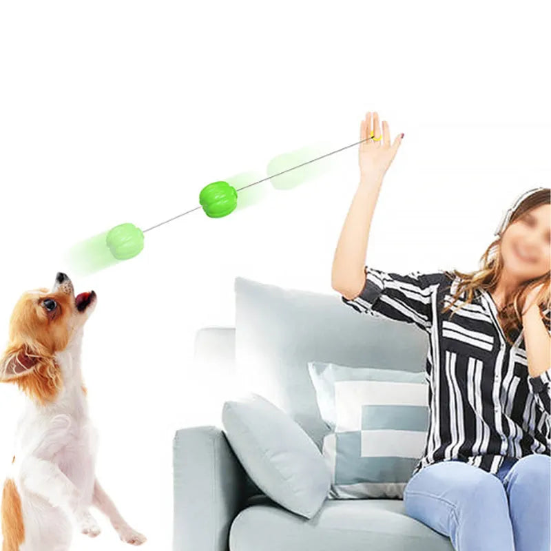 Green, orange, and yellow plastic pumpkin-shaped dog balls with a squeaker.