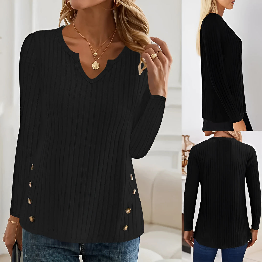 Solid colour button-front knitted sweater in black or grey green, casual pullover style