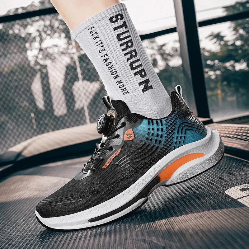 Men's low-top mesh sneakers with a rotating buckle, shown in black and blue colourway.