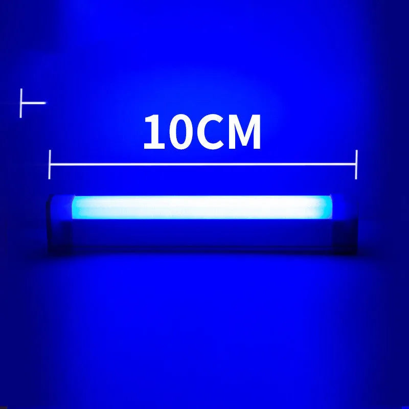 Rechargeable dimmable LED tube stick night light in blue or purple, showing 17cm, 32cm and 52cm length options.
