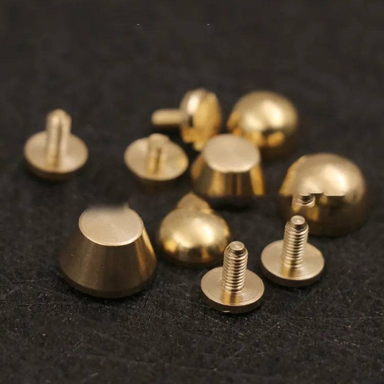 Brass decorative buckles in round and geometric shapes, sizes 10x6mm and 12x7mm.