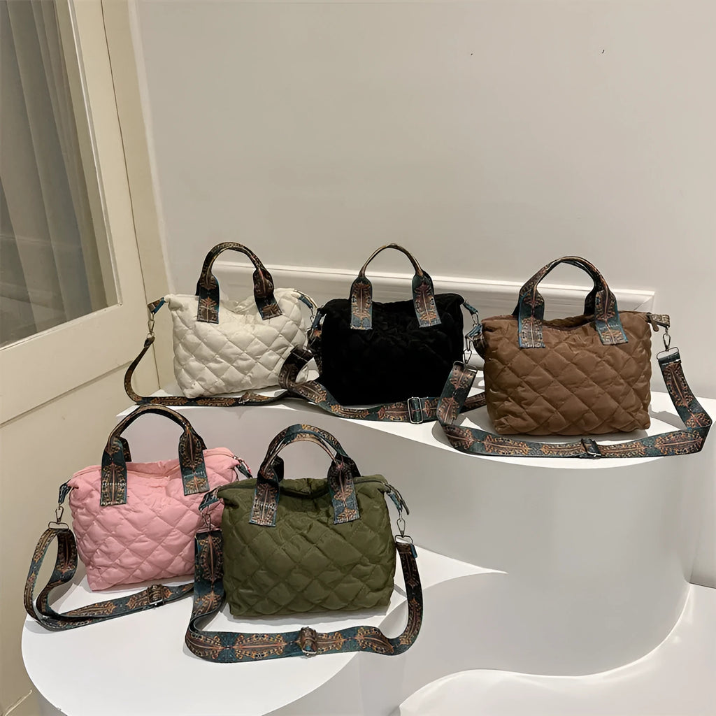 Soft Oxford cloth shoulder messenger bag with embroidery details in horizontal square shape
