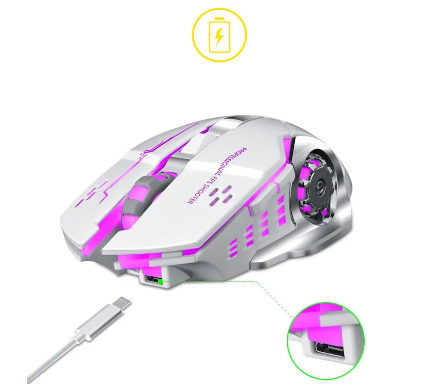 Wireless silent charging mouse in black and white colour options showing six-button layout