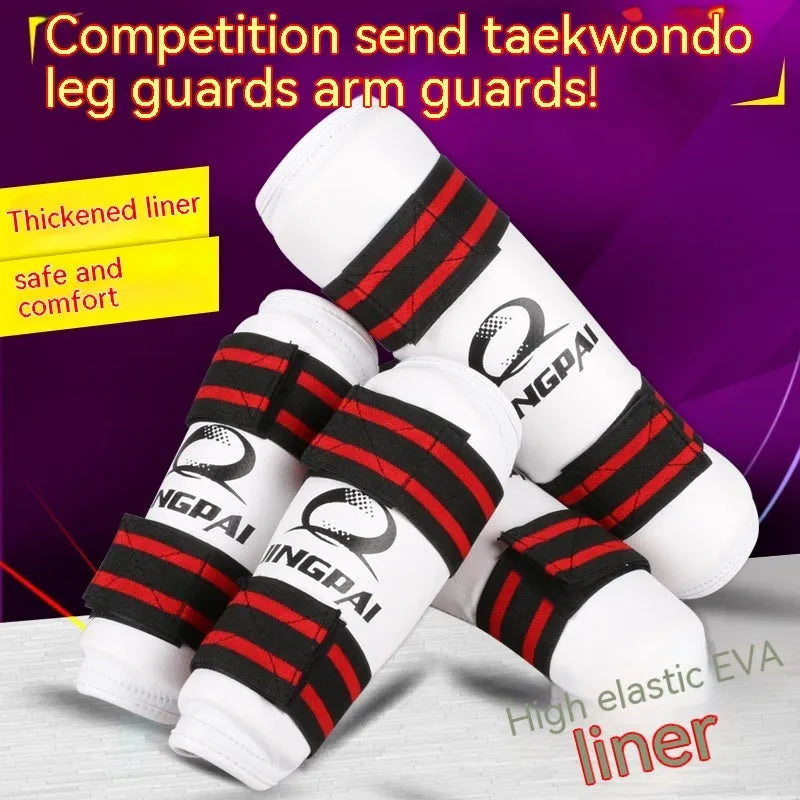 Taekwondo protective gear set showing arm guards, elbow arm guards, and leg protectors in PU EVA foam.