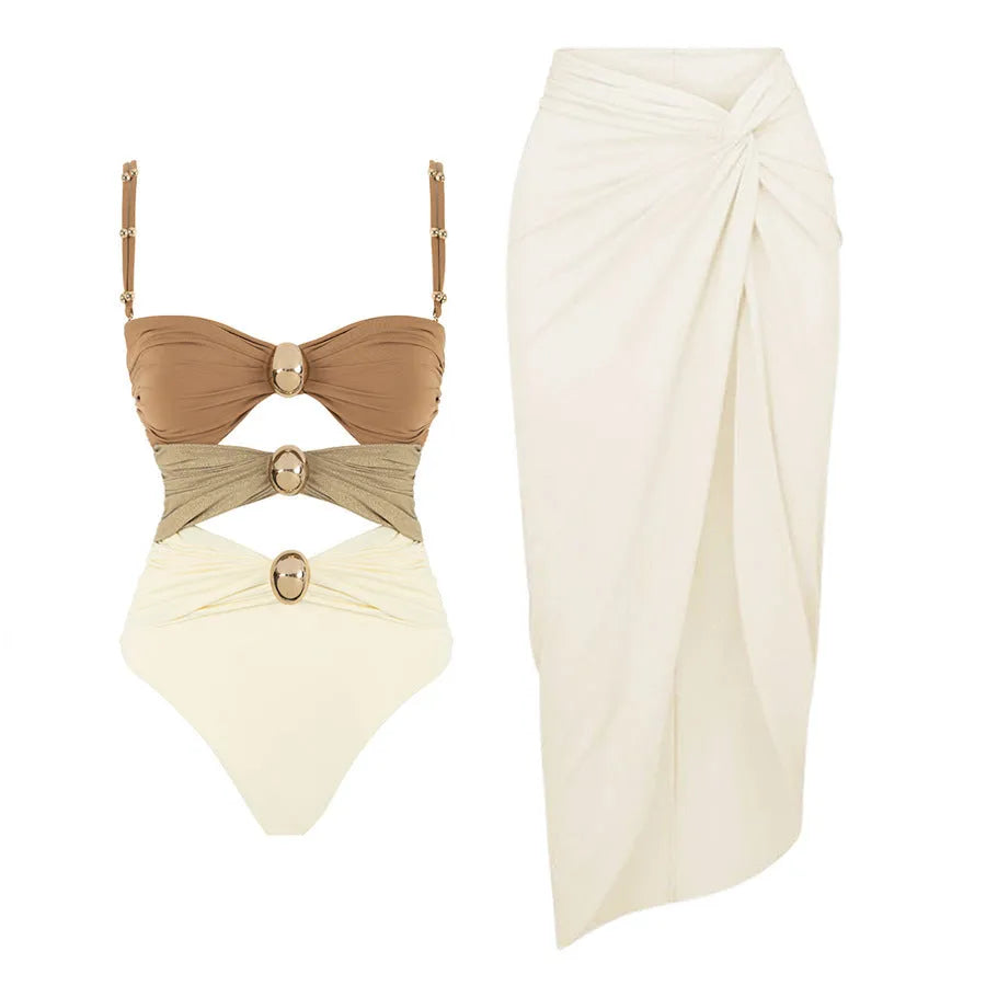 Women's gold button one-piece swimsuit with matching skirt in assorted colours
