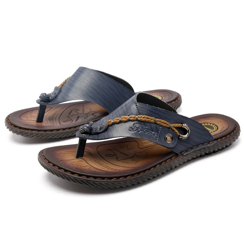 Men's dark blue herringbone outdoor slippers with a rubber sole, shown in a large size.