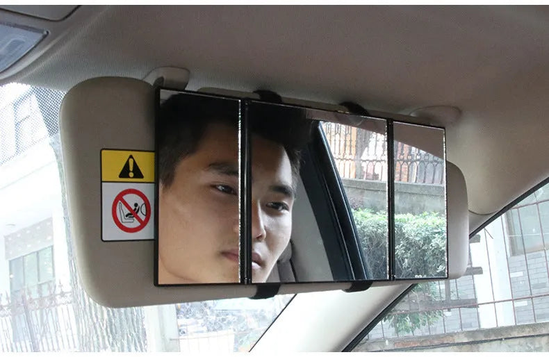 Silver car folding makeup mirror shown both closed and opened to show size difference