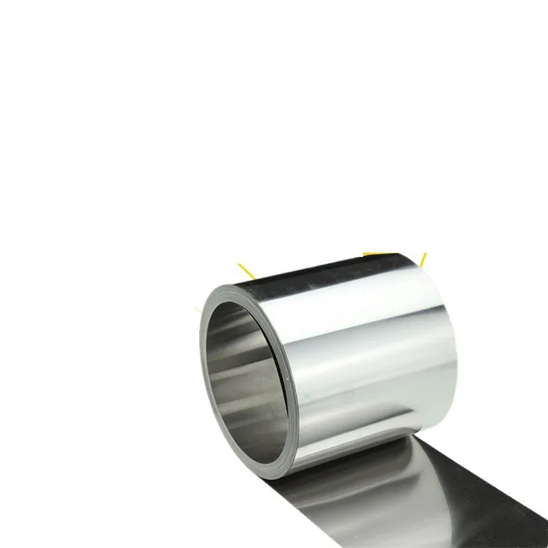 Close-up of a rolled 304 stainless steel strip with leather backing, showing various thickness and width options on a workshop bench.