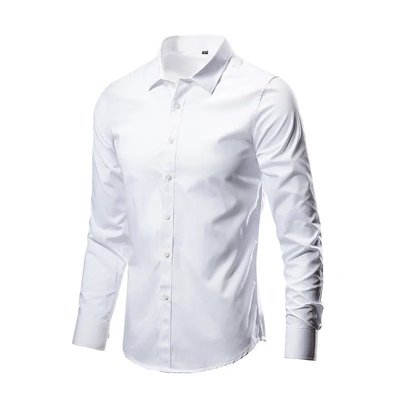Men's long-sleeve linen shirt in a slim, loose fit on a hanger