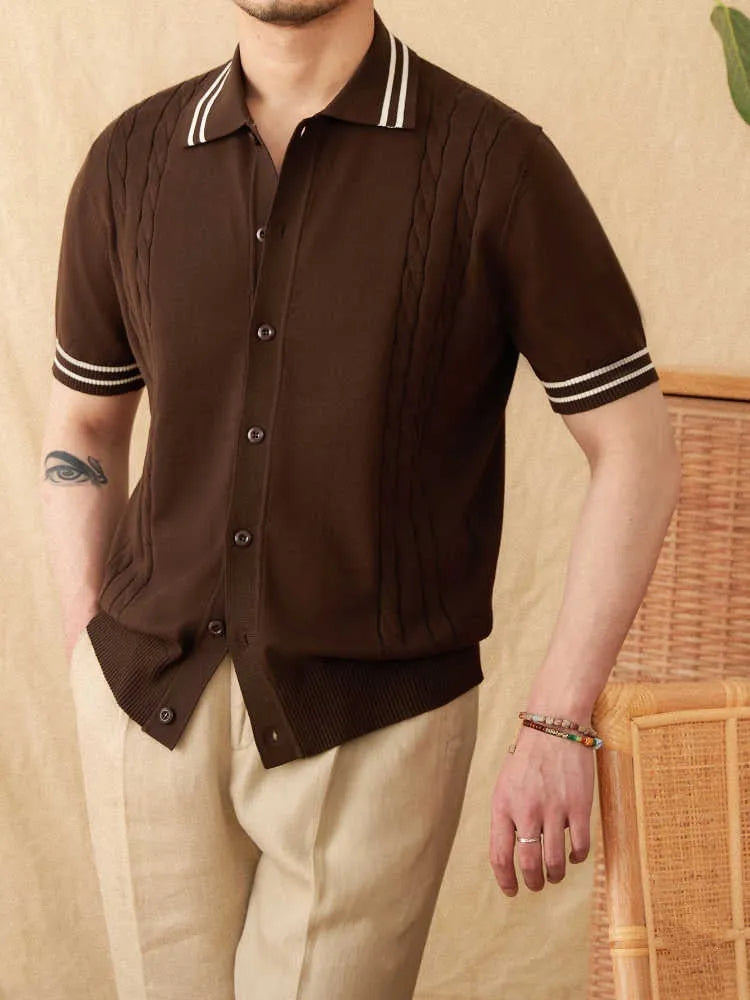 Men's cotton blended lapel collar polo shirt in apricot colour showing short sleeves and knitted construction