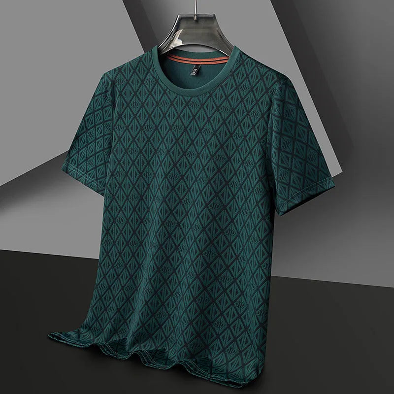 Men's black jacquard pattern short sleeve t-shirt showing loose fit and round neck design