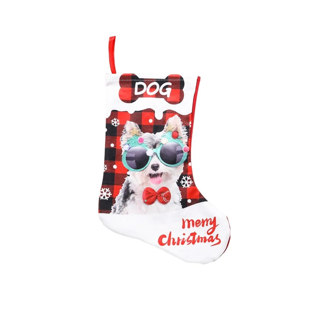 American style cloth Christmas decoration with plaid printed puppy and cat designs, size 26x36cm.