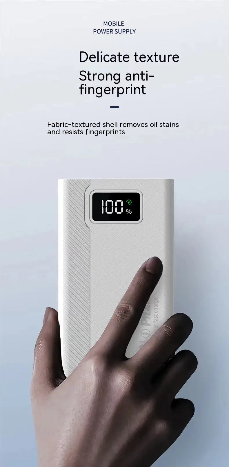 Black and white large capacity power bank with fast charging support measuring 150mm x 76mm