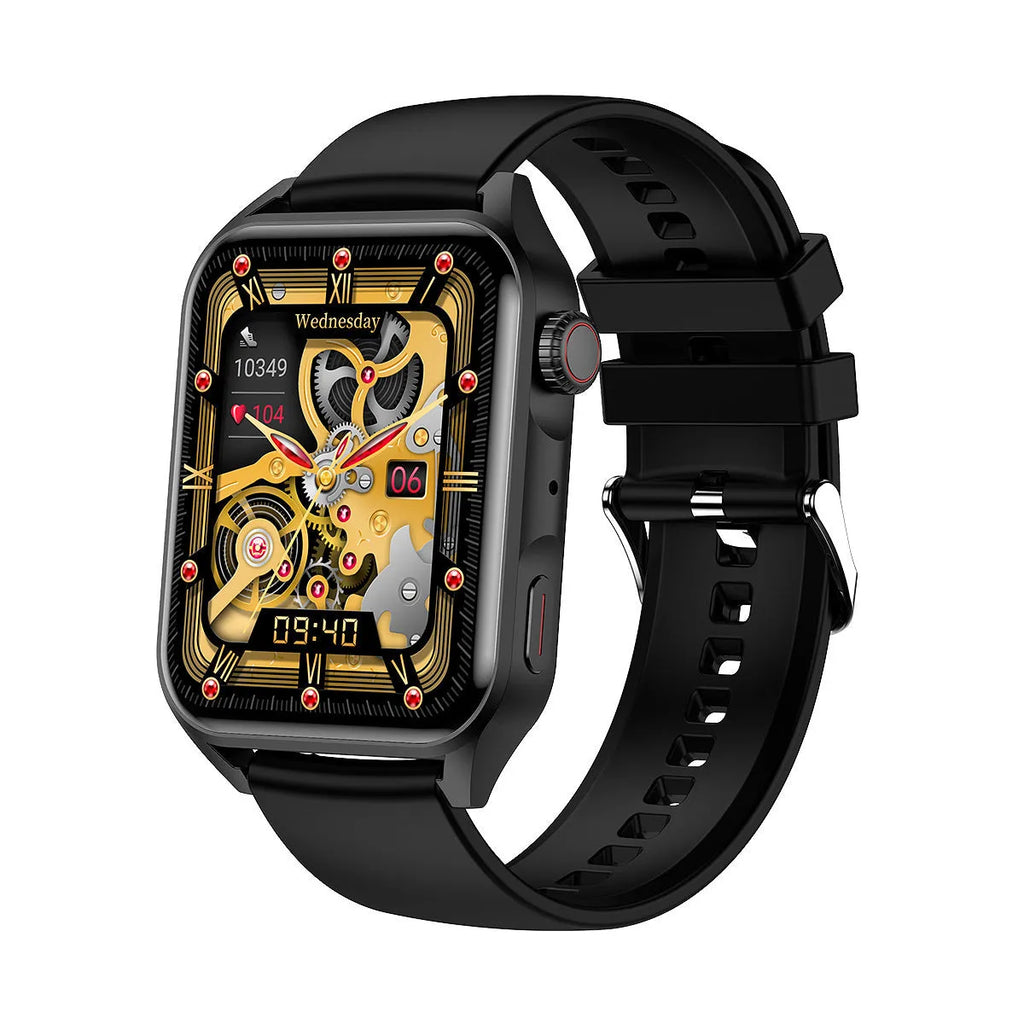 Smart watch with AMOLED screen and silicone strap showing black, pink and silver grey colour options