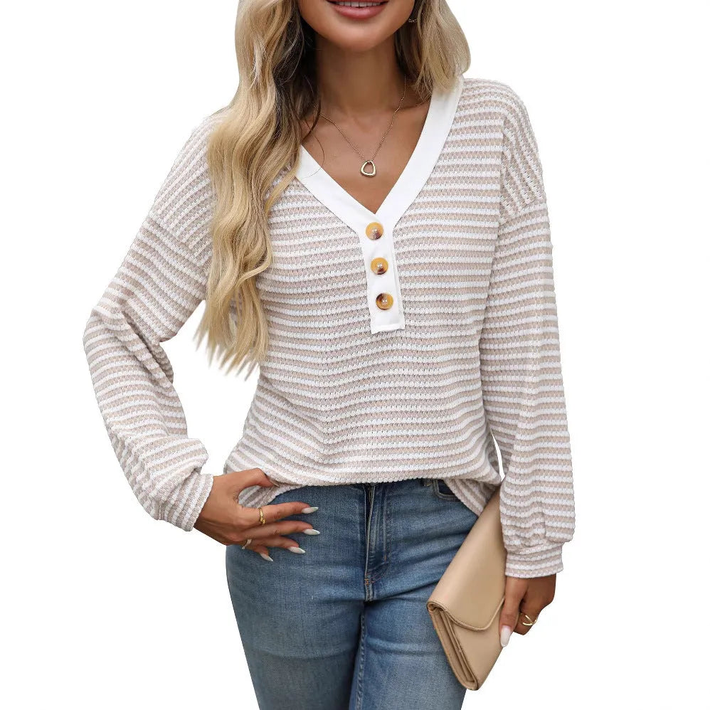 Women's loose-fit V-neck pullover top with patchwork long sleeves in apricot colour.