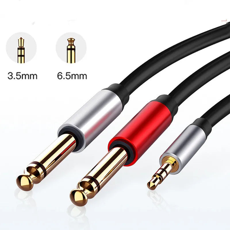 3.5mm stereo plug to two 6.35mm plug audio cable on a grey background