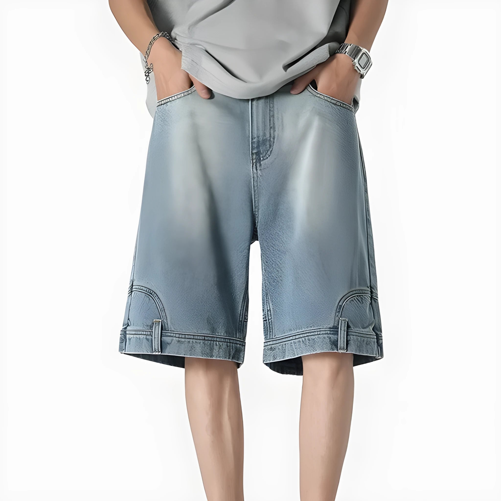 Men's loose straight Bermuda shorts in blue denim with mid waist and five-pocket design