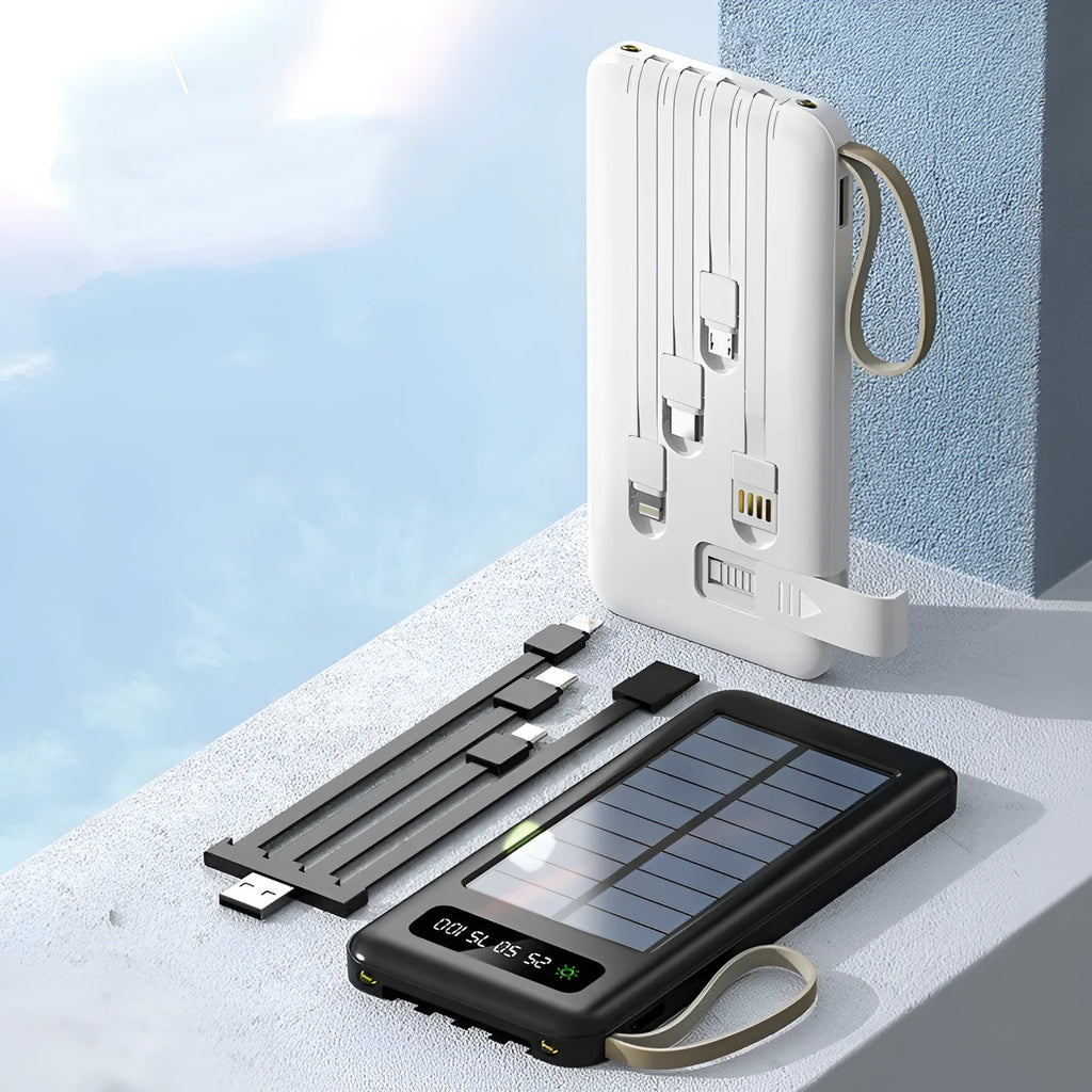 Cool black and ivory white solar power bank showing front display and solar panel surface.