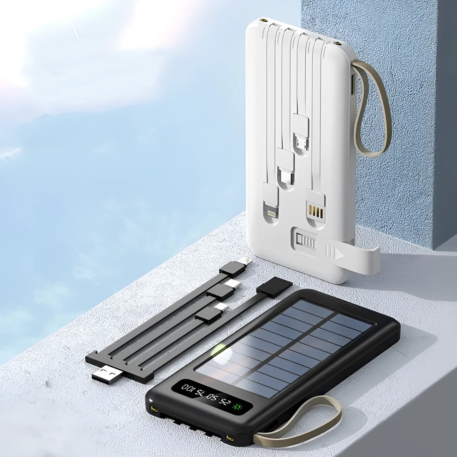 Cool black and ivory white solar power bank showing front display and solar panel surface.