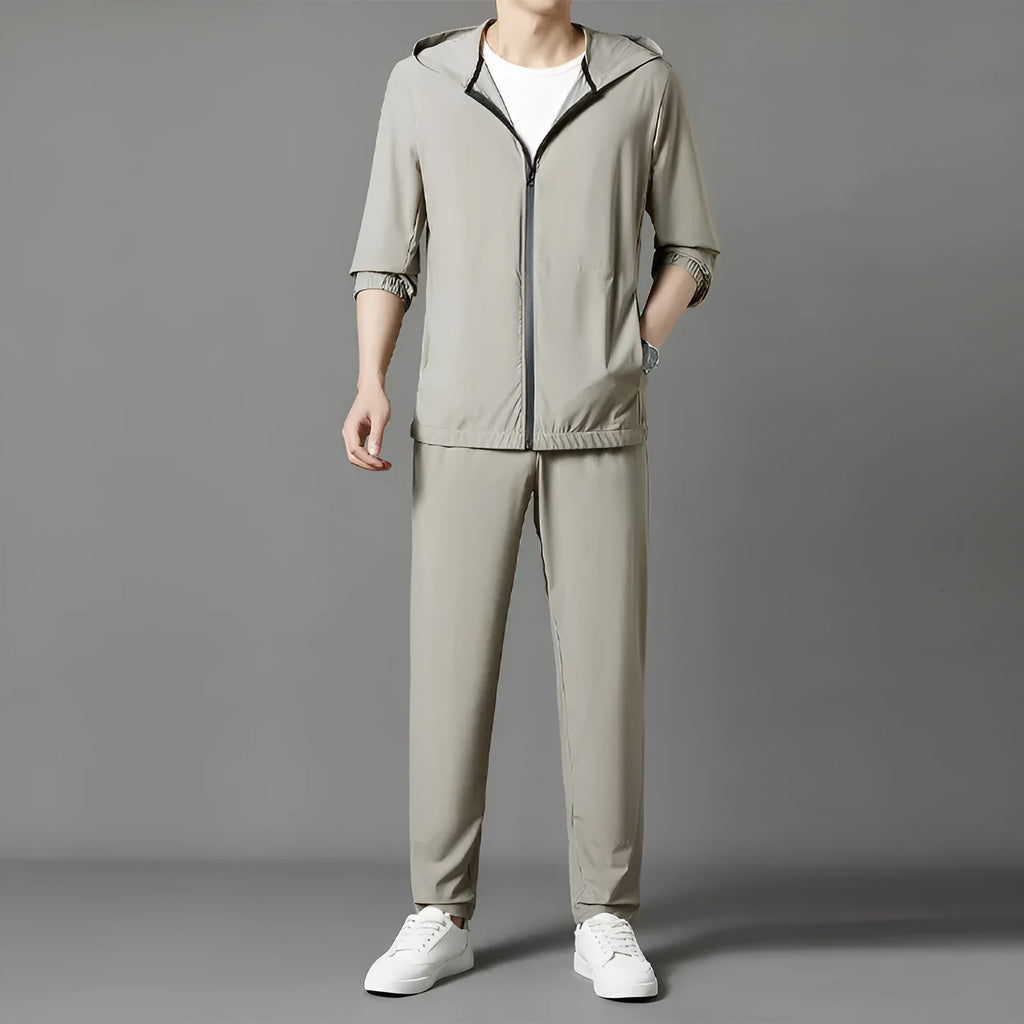 Korean sun-protective hooded suit in gray, loose casual thin nylon blend, summer sports set