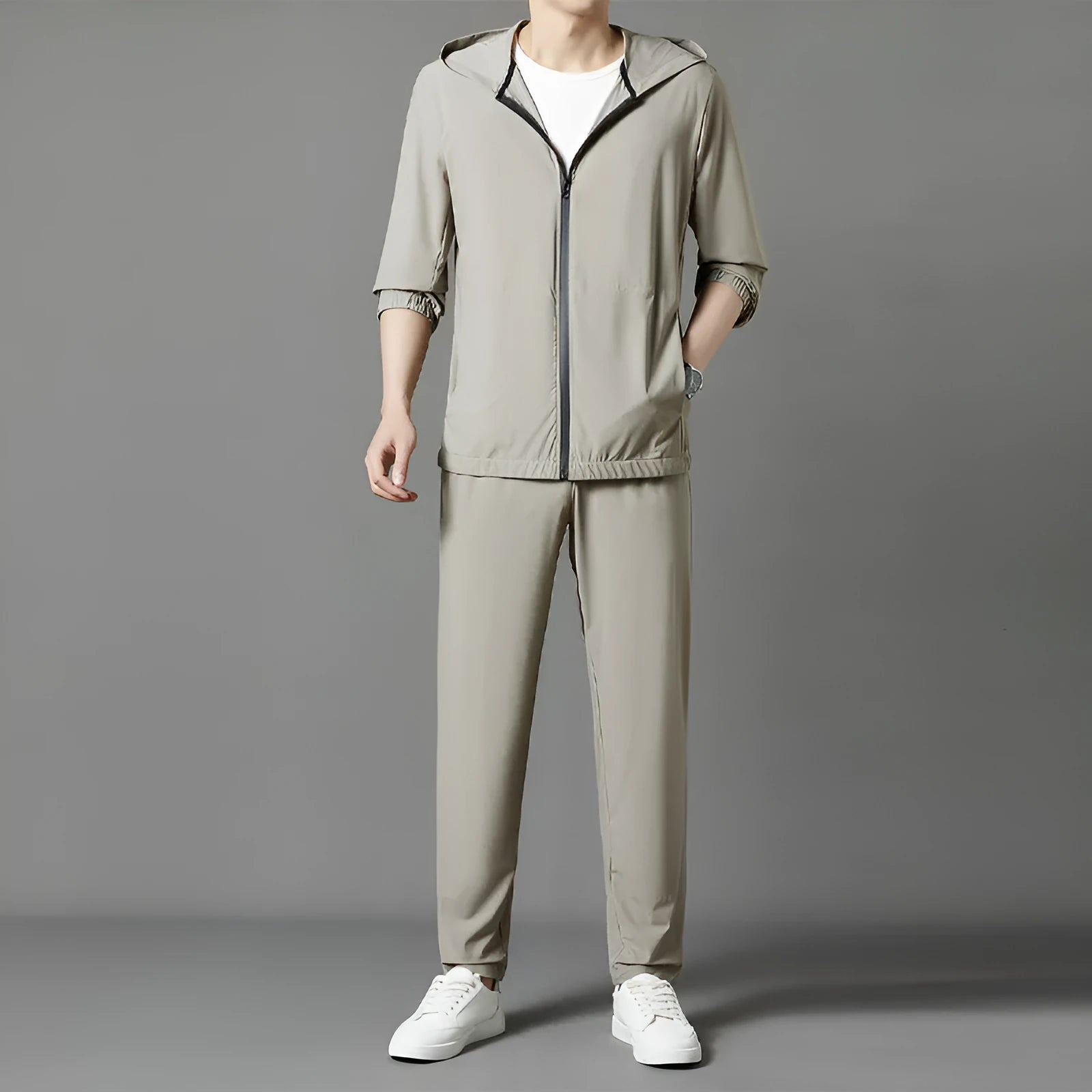 Korean sun-protective hooded suit in gray, loose casual thin nylon blend, summer sports set