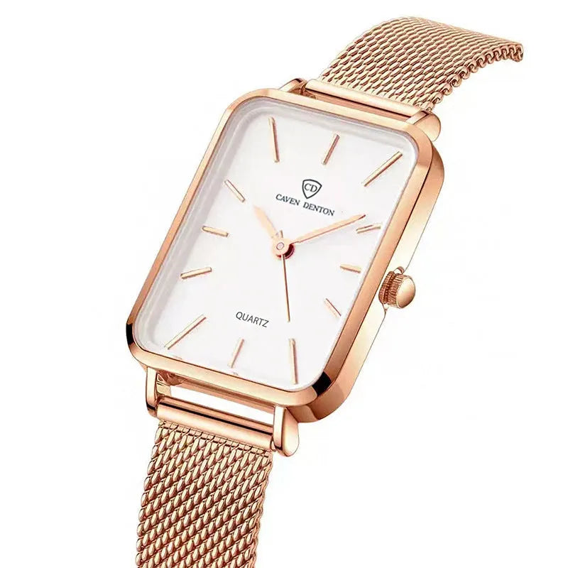 Women's waterproof quartz watch with woven steel strap and alloy case in rose gold or silver