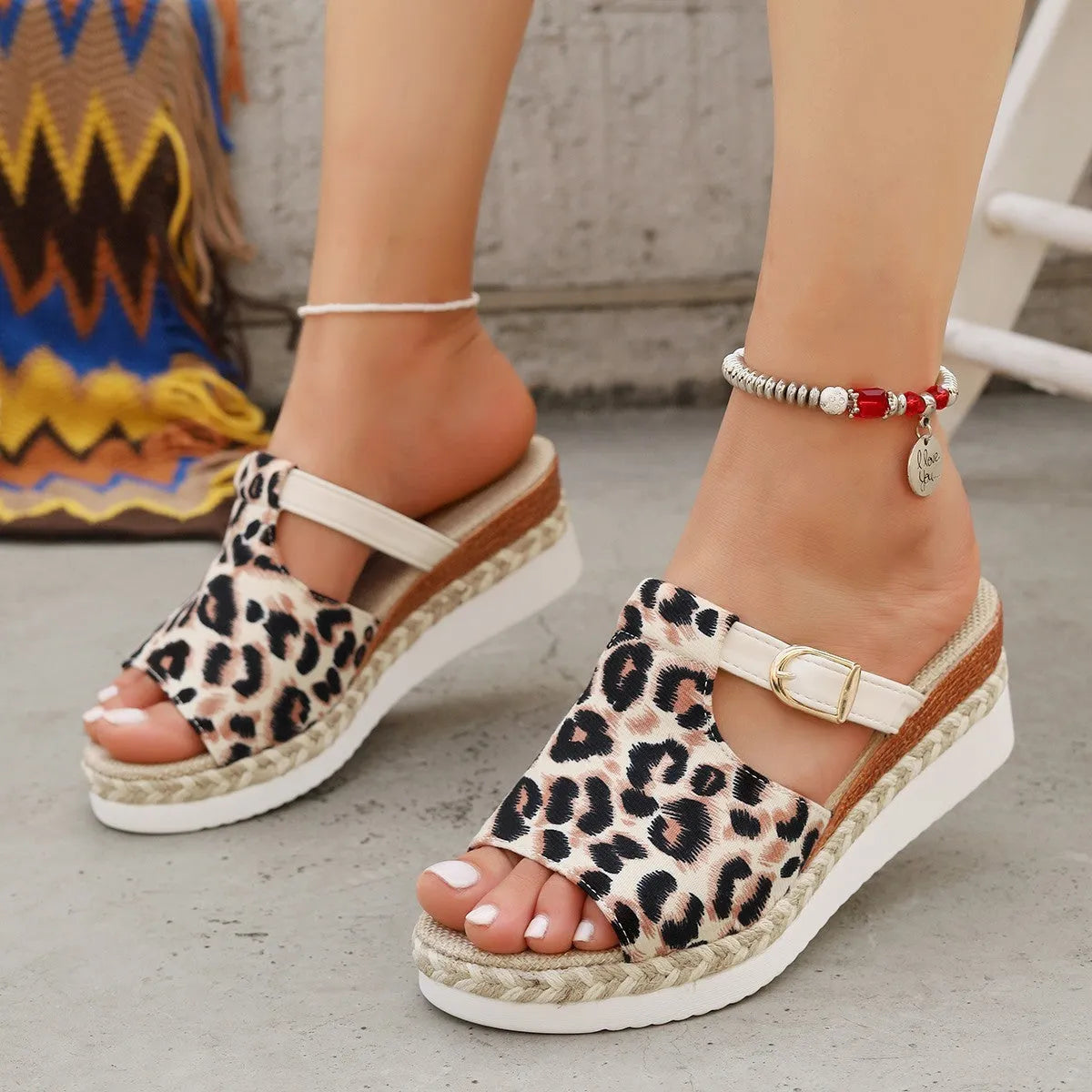 Leopard print wedge platform sandals with fish mouth toe in light green colour