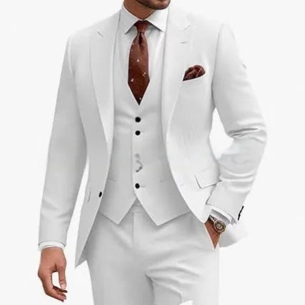 Men's slim fit three-piece suit in a choice of nine colours including bright red and khaki.