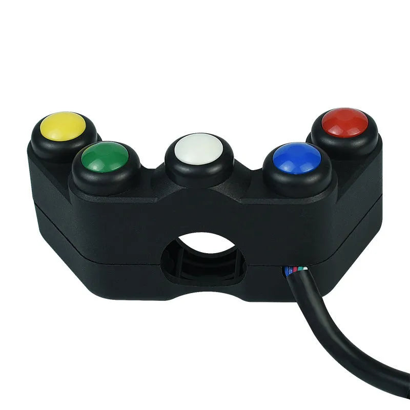 Plastic five-position vehicle rocker switch with red, yellow, blue, green, and white buttons and 52cm wire