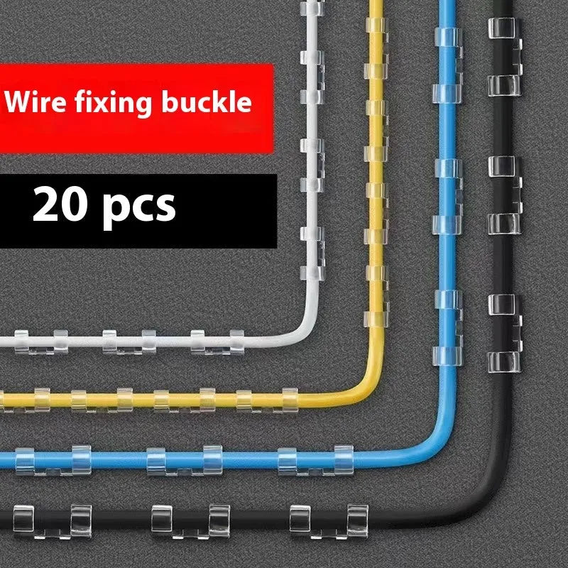 Transparent self-adhesive plastic cable management clips in a pack of 20 pieces.