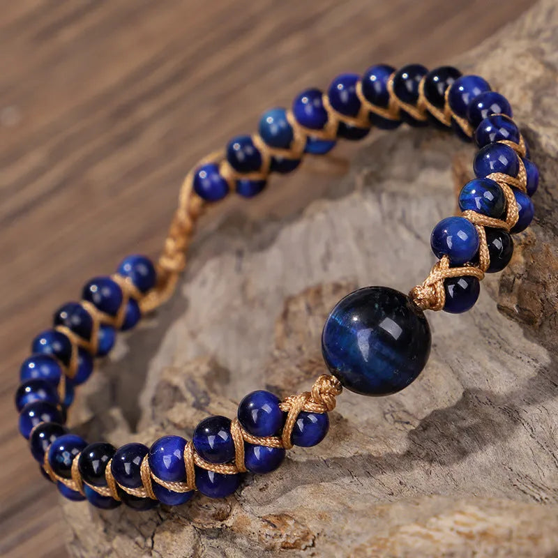 Handmade woven geometric pull bracelet in blue tigereye stone with adjustable cord