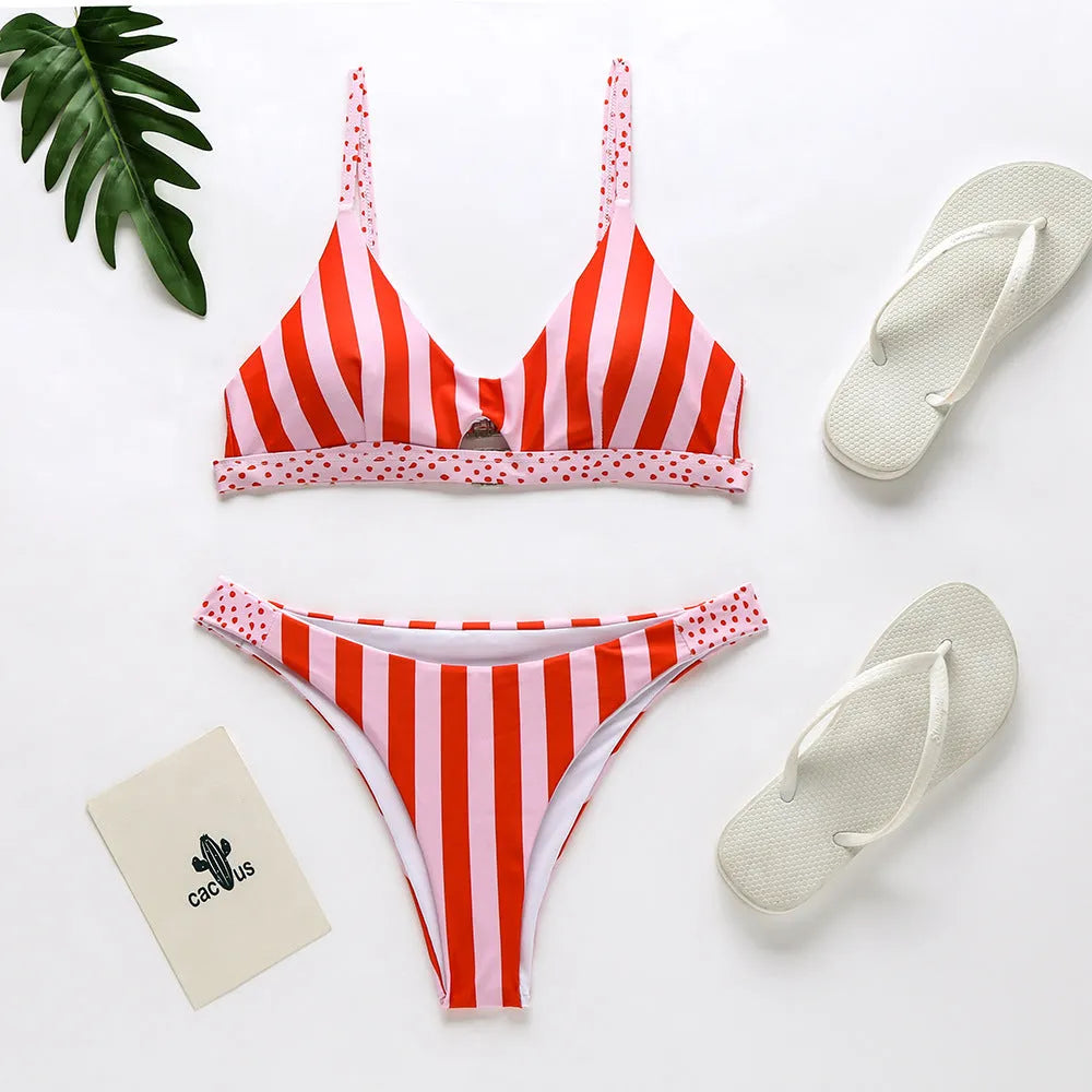 Women's bikini swimsuit set in black and white dots or red and white stripes, made from polyester fabric.