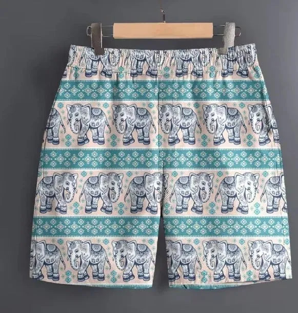 Men's polyester casual shorts in camouflage pattern on a mannequin, showing side pocket and elasticated waist.