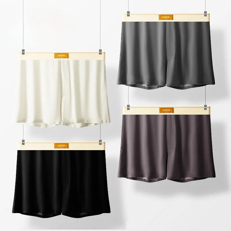 Three pairs of men's solid colour ice silk underwear showing loose fit and mid waist design