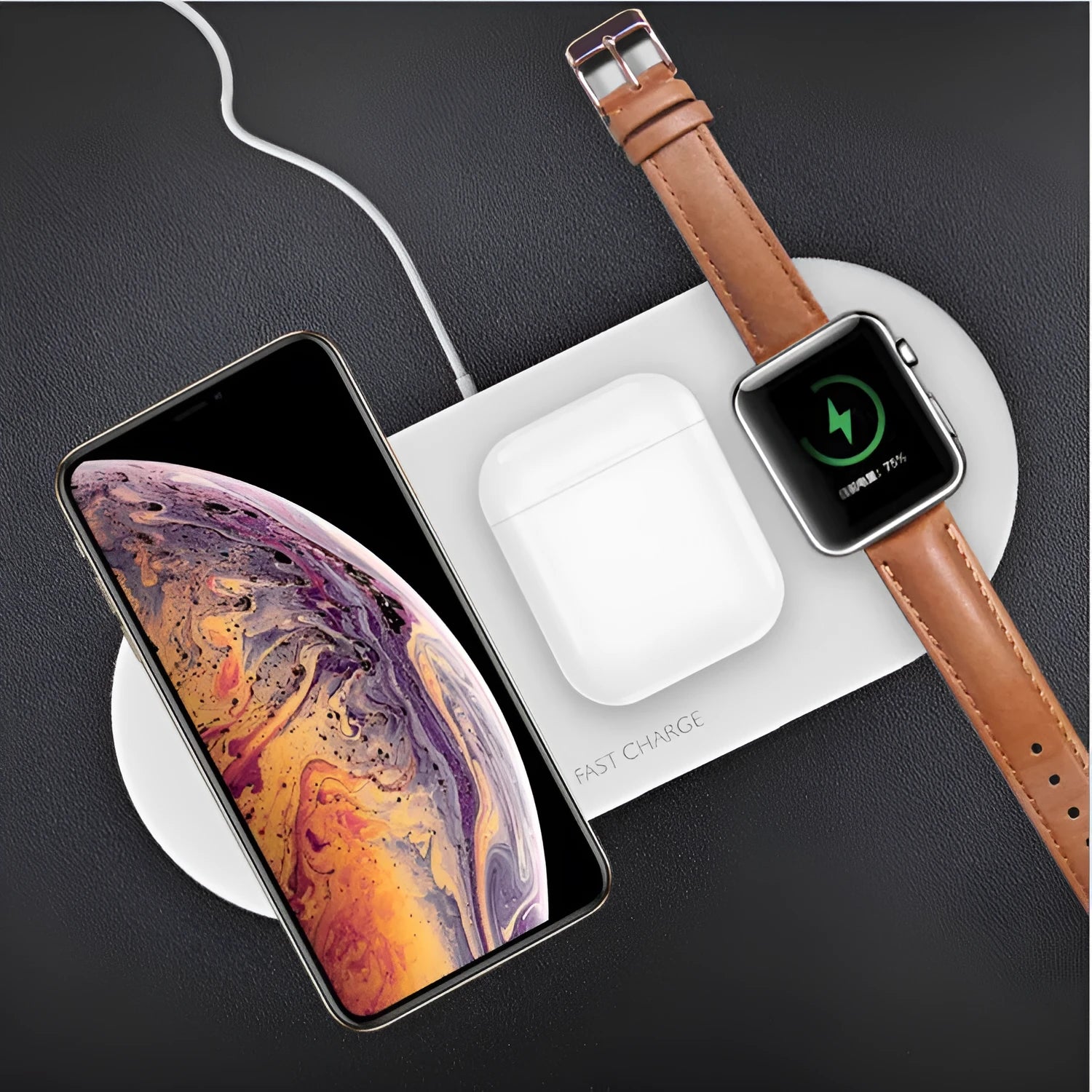 Black and white third-party wireless charging station for Apple iPhone, Watch, and AirPods on a desk.