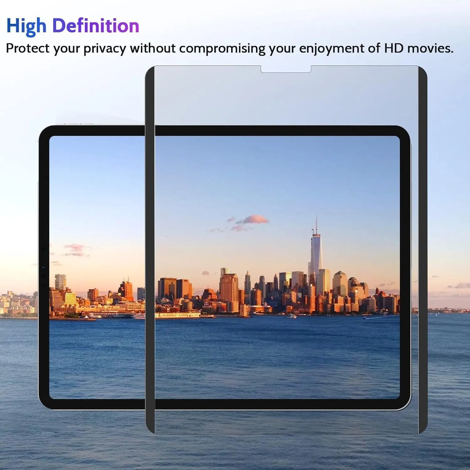 Magnetic iPad privacy screen protector with storage clip shown next to iPad tablet