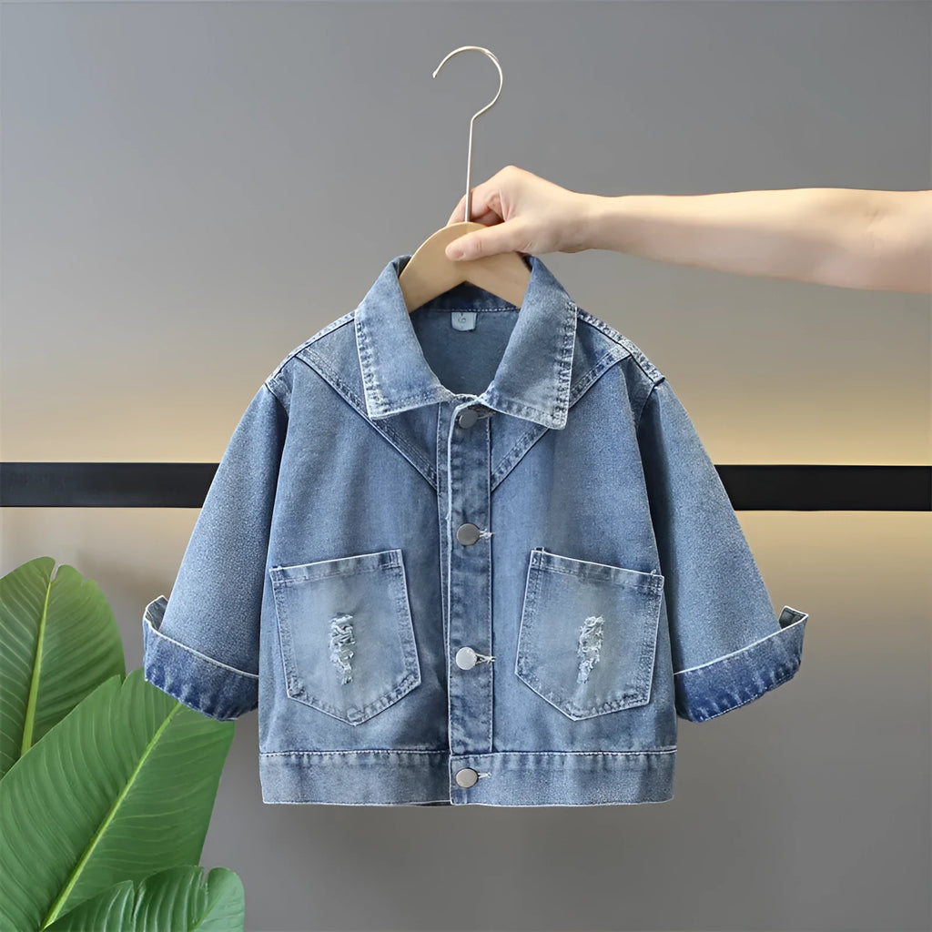 Girls single-breasted denim bow coat in pink or white, cotton fabric, back bow detail, cartoon pattern, spring autumn wear