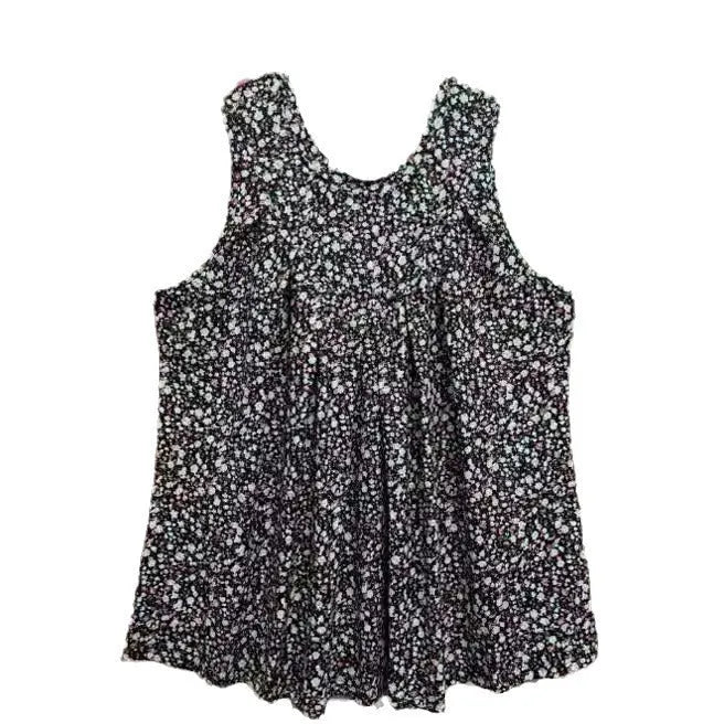 Plus size women's floral printed sleeveless vest in black colour showing loose fit design