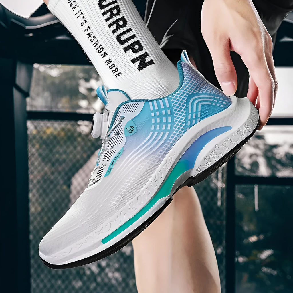 Men's low-top mesh sneakers with a rotating buckle, shown in black and blue colourway.