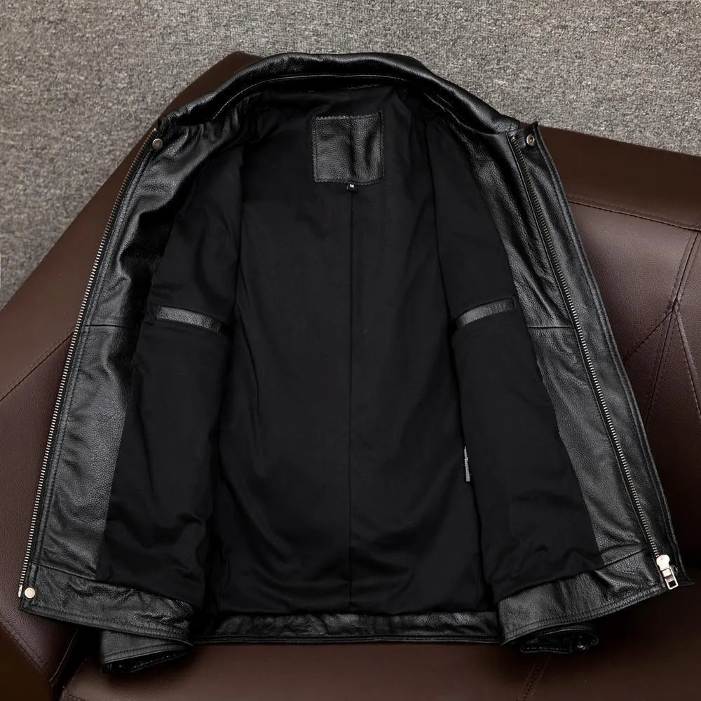 Men's black PU leather jacket plus size loose fit with side seam pockets