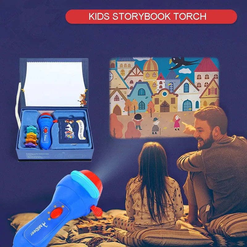 Kids handheld storybook projector torch with four fairy tale discs projecting images on wall