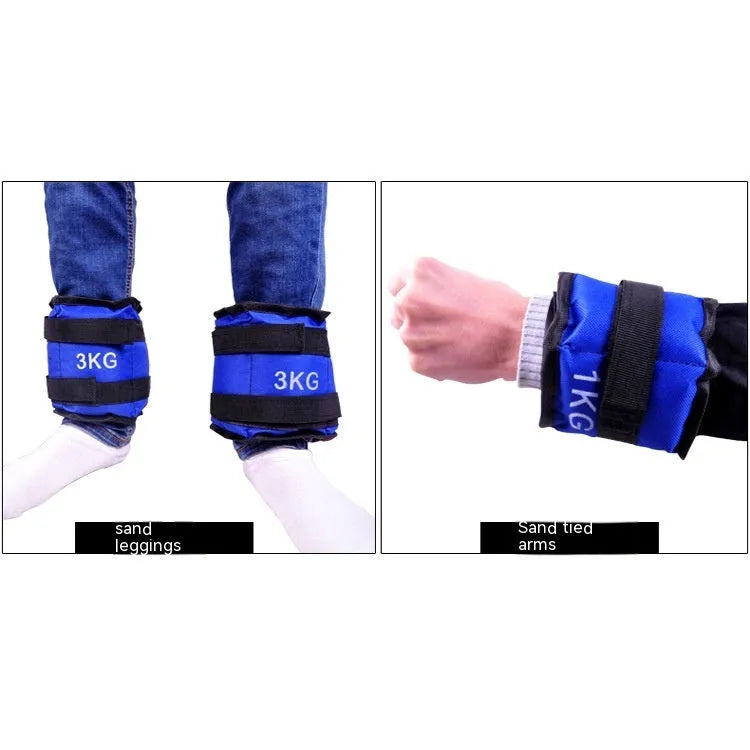 A pair of Oxford cloth legging sandbags for ankle weight training in track and field.