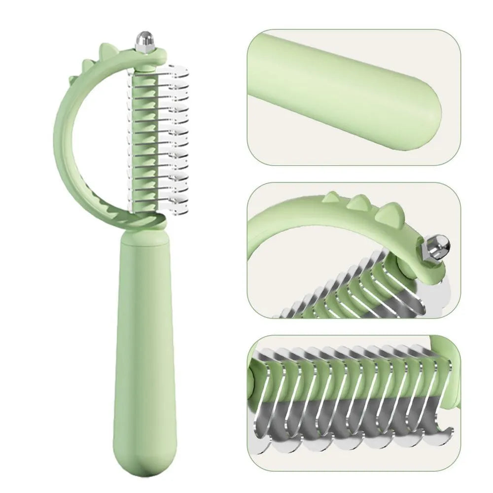 Blue dinosaur-shaped cat brush with stainless steel pins for self-cleaning grooming and dematting