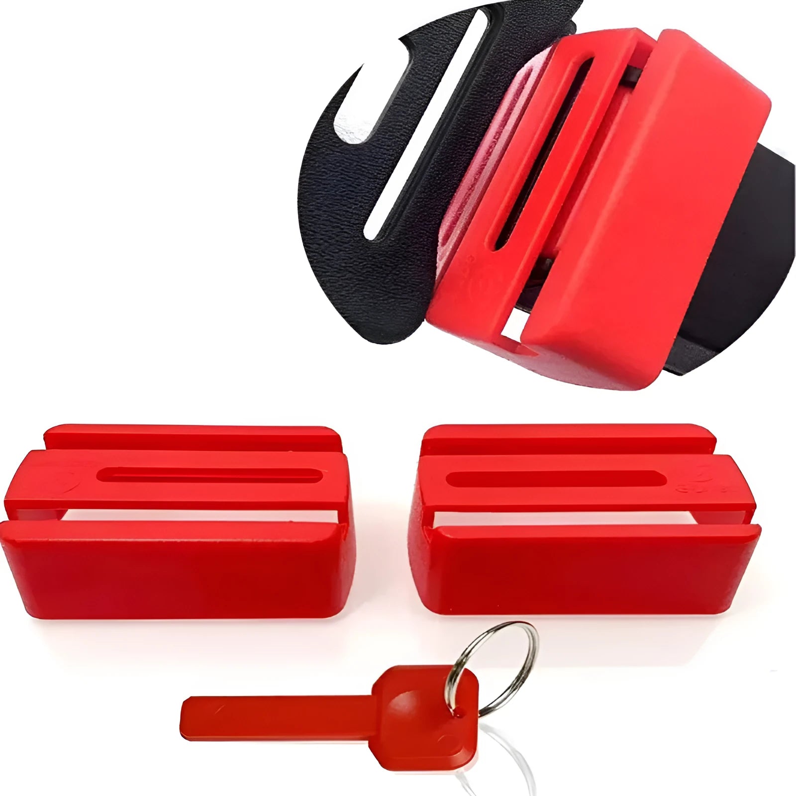 Black and red plastic seat belt buckle protector showing clip-on design.