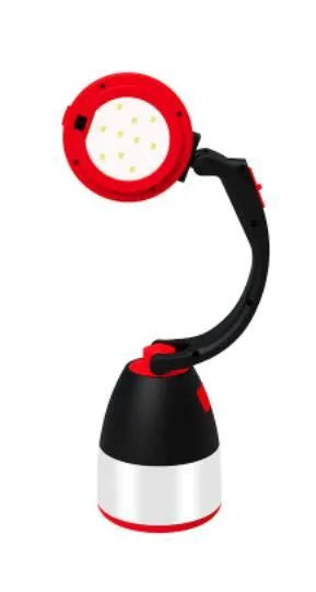 Black green multifunctional LED lamp with folding stand, shown in camping and desk use settings.