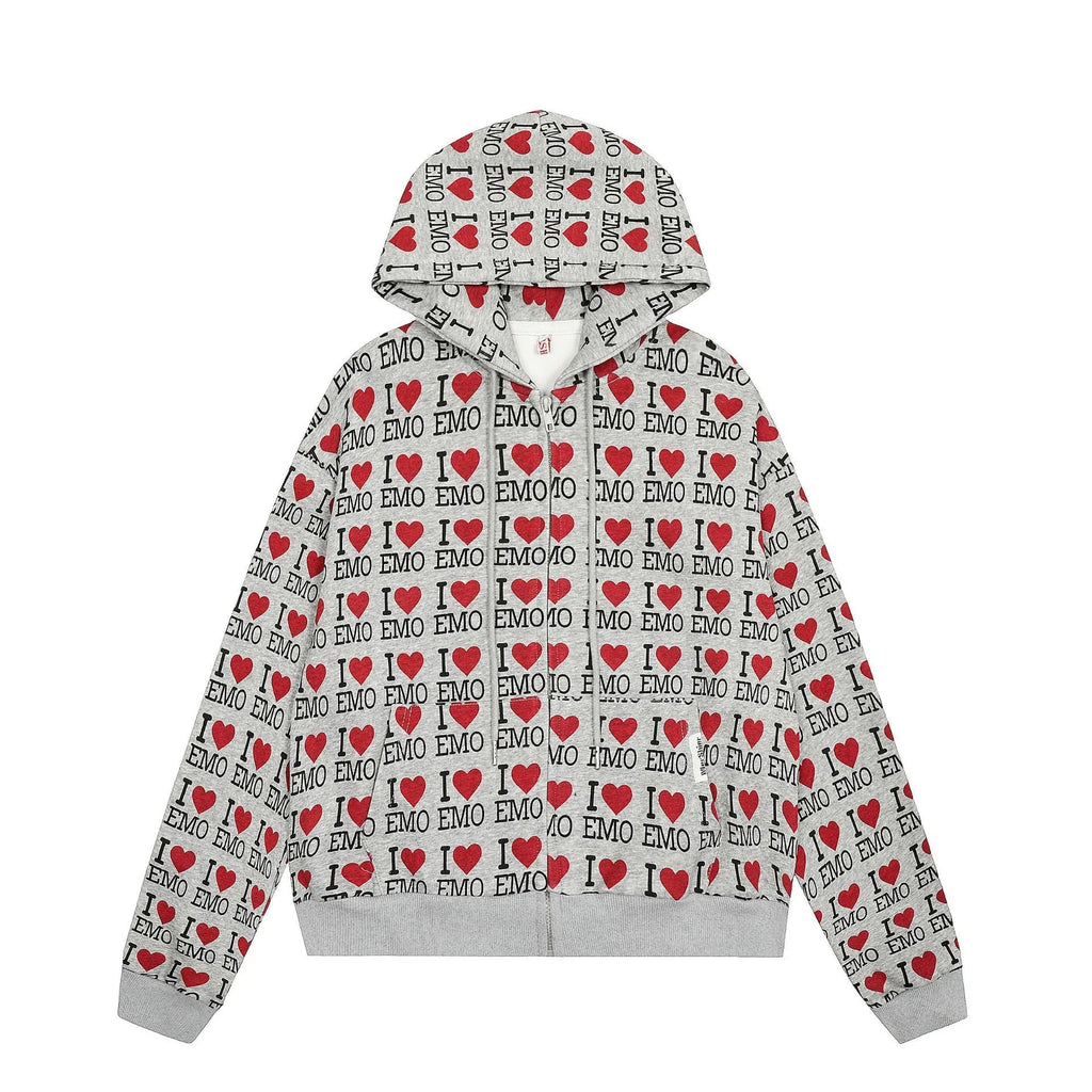 Women's grey cotton hooded cardigan with retro autumn pattern and long sleeves